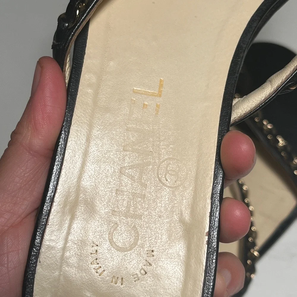 CHANEL Black and Gold Chain Sandals